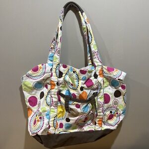 Thirty One Large Canvas Tote Travel Bag Medallion Pink Circle Dot Weekender